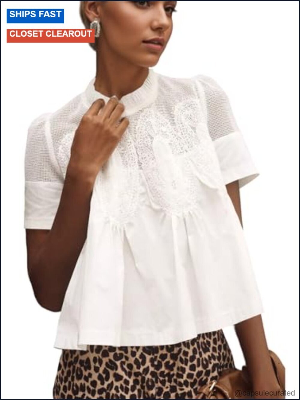 Lace Trim Blouse Mesh See Through Puff Short Sleeve Ruffle Pleated Shirts Mock